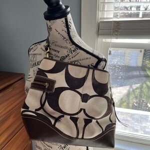 Coach Black and Brown Linen Logo Shoulder Purse